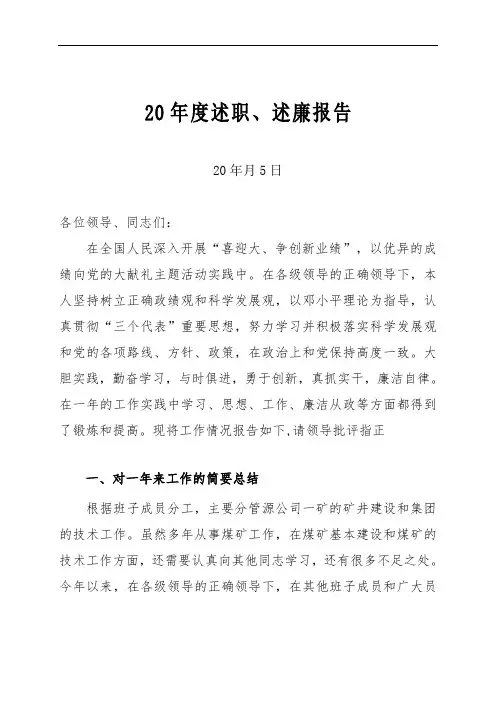 某五大电力煤炭集团矿井领导述职报告