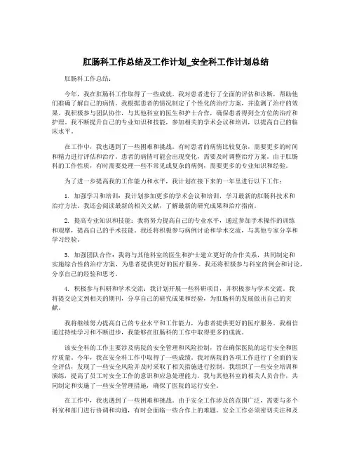肛肠科工作总结及工作计划_安全科工作计划总结