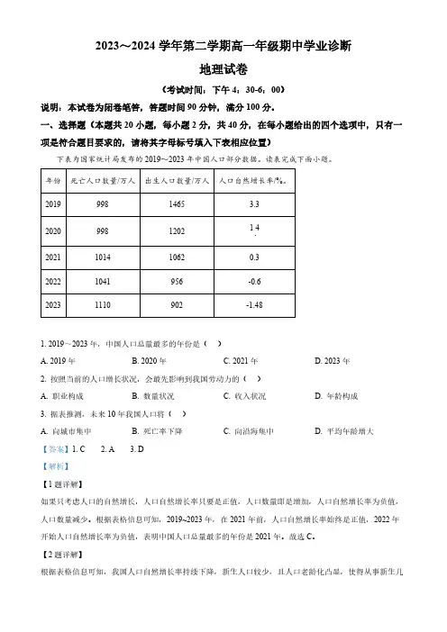 山西省太原市2023-2024学年高一下学期期中考试地理试题(解析版)