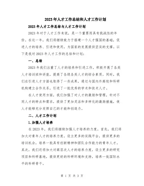 2023年人才工作总结和人才工作计划