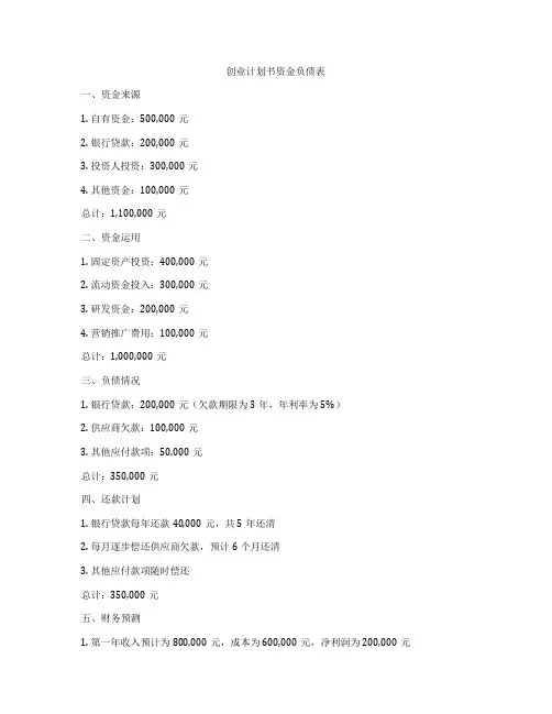 创业计划书资金负债表