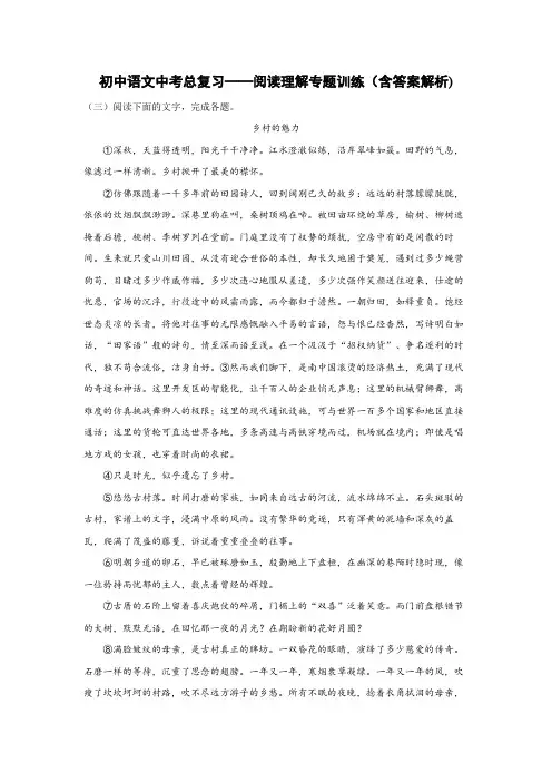 初中语文中考总复习阅读理解专题训练(乡村的魅力)