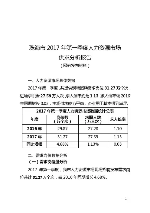 珠海市2017年第一季度人力资源市场