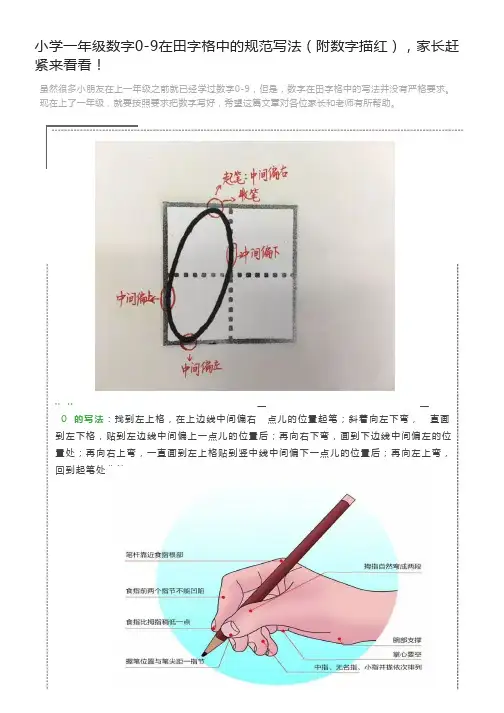 小学一年级数字0-9在田字格中的规范写法(附数字描红)