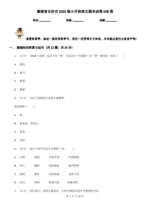 湖南省长沙市2020版小升初语文期末试卷02B卷