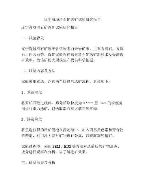 辽宁海城滑石矿选矿试验研究报告