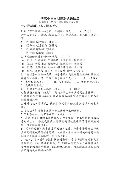 2022年初高中语文衔接测试语法篇【word版无答案】