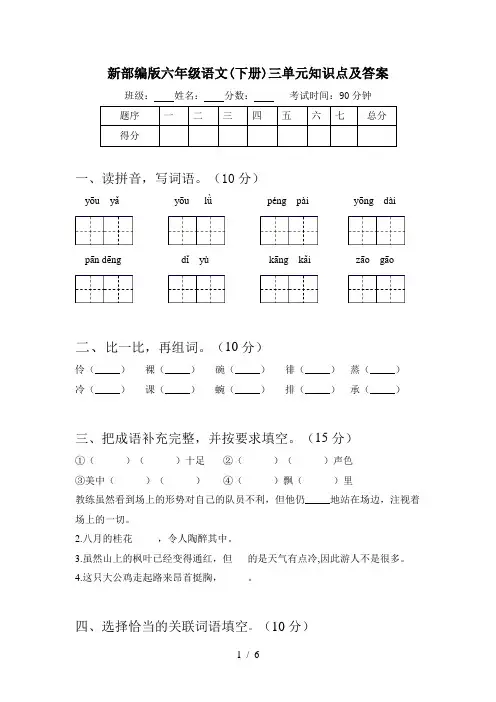 新部编版六年级语文(下册)三单元知识点及答案
