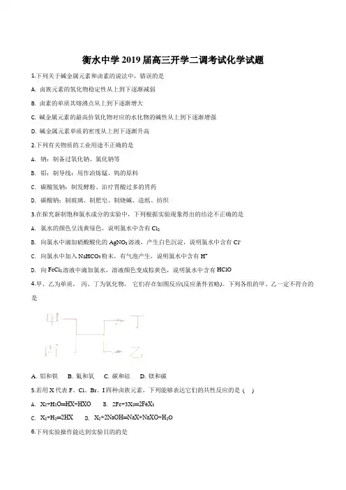 河北省衡水中学2019届高三开学二调考试化学试题(原卷版)