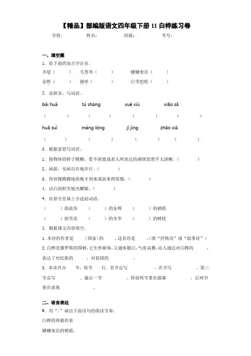 小学部编版语文四年级下册11白桦练习卷-5 B(含答案解析)