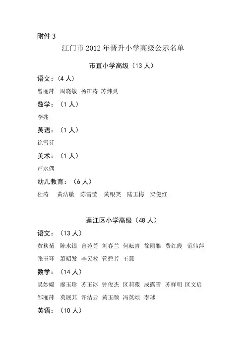 江门市2012年中级、初级公示名单