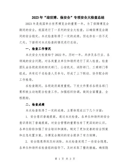 2023年“迎世博、保安全”专项安全大检查总结