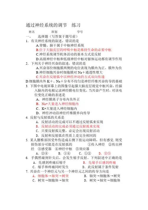 人教版高中生物必修三通过神经系统的调节练习答案