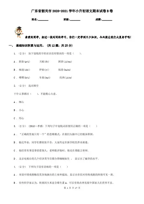 广东省韶关市2020-2021学年小升初语文期末试卷B卷