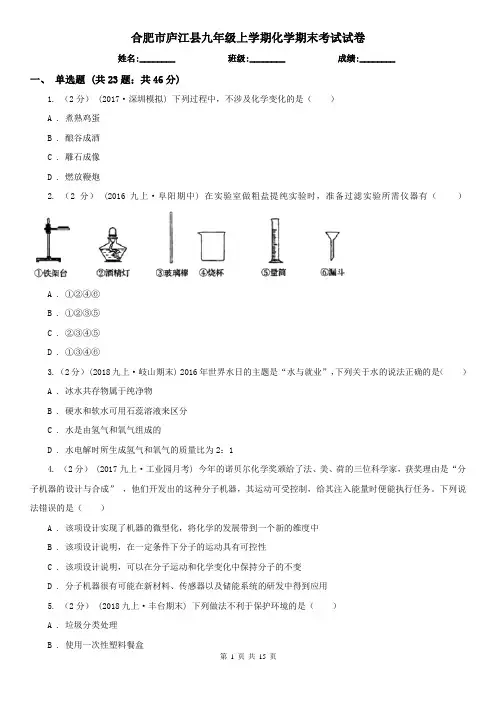 合肥市庐江县九年级上学期化学期末考试试卷