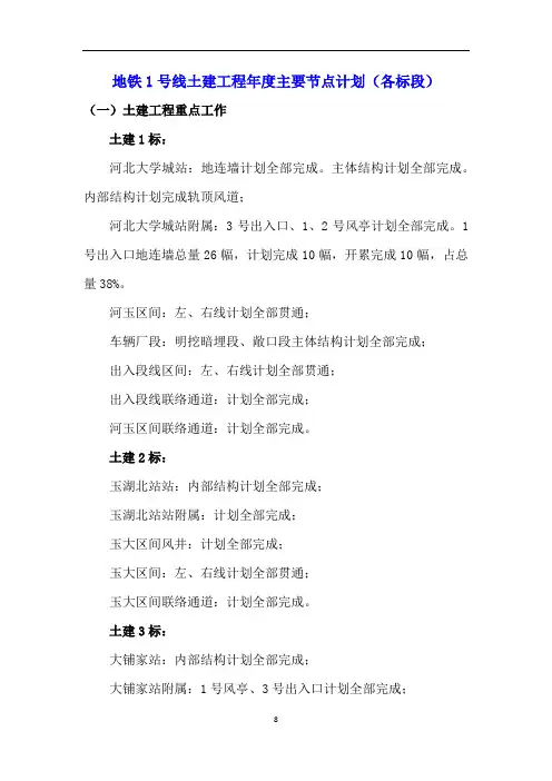 地铁1号线土建工程年度主要节点计划(各标段)