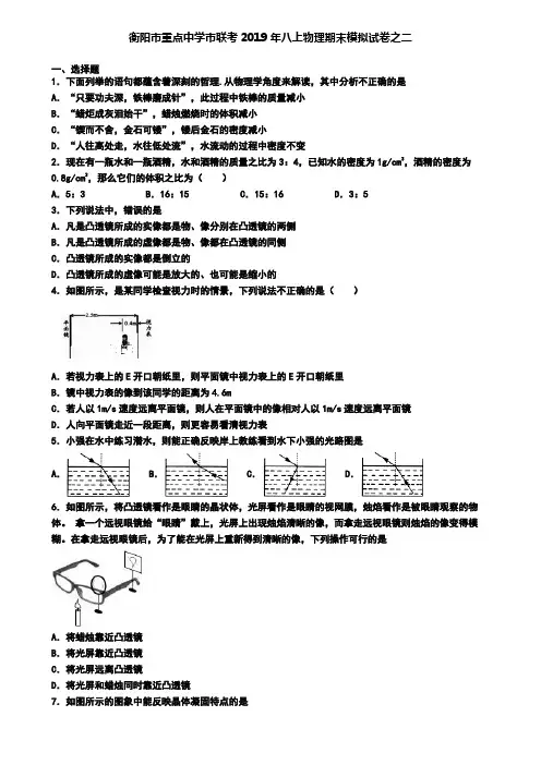 衡阳市重点中学市联考2019年八上物理期末模拟试卷之二