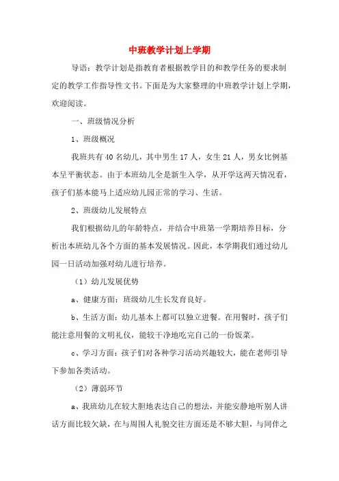2020年中班教学计划上学期