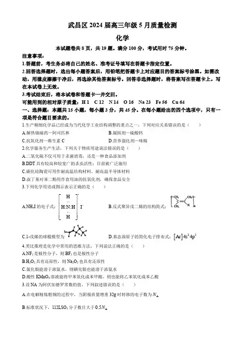 湖北省武汉市武昌区2024届高三下学期5月质检化学含答案