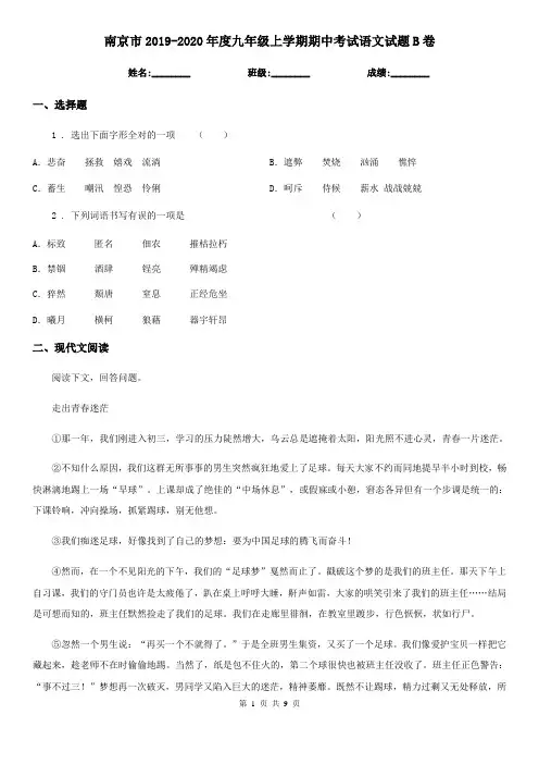 南京市2019-2020年度九年级上学期期中考试语文试题B卷