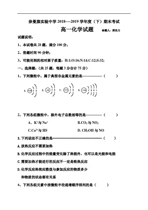 内蒙古通辽市奈曼旗实验中学2018-2019学年高一下学期期末考试化学试题 Word版含答案