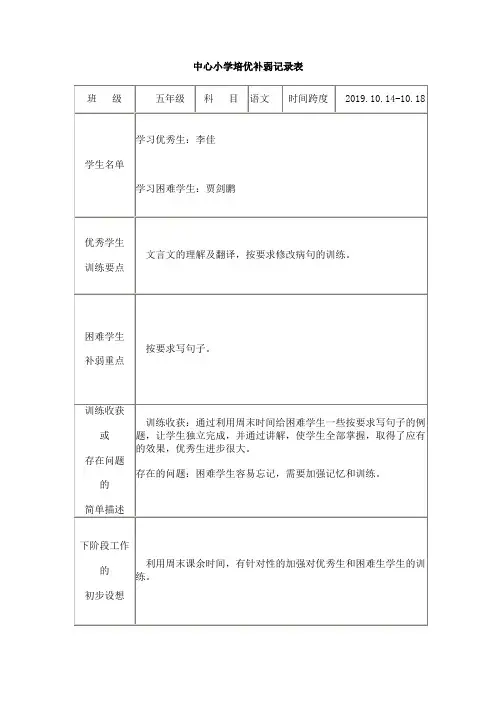 语文培优补差工作记录表五年级第八周