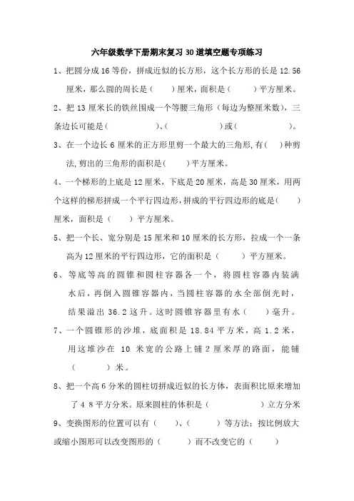 六年级数学下册期末复习30道填空题专项练习