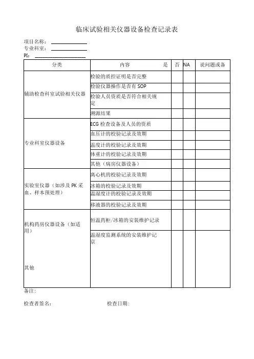 临床试验相关仪器设备检查记录表