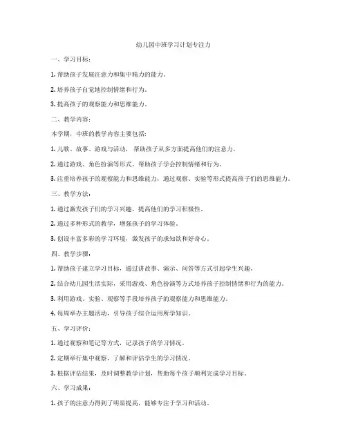 幼儿园中班学习计划专注力