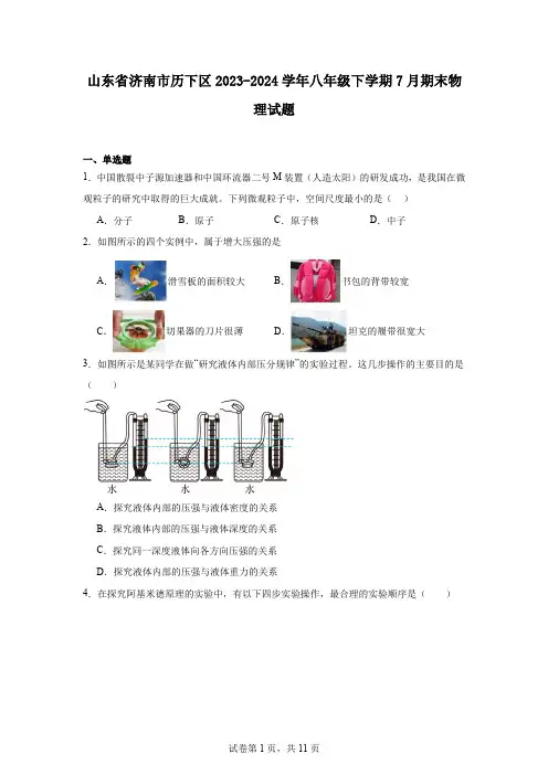 山东省济南市历下区2023-2024学年八年级下学期7月期末物理试题