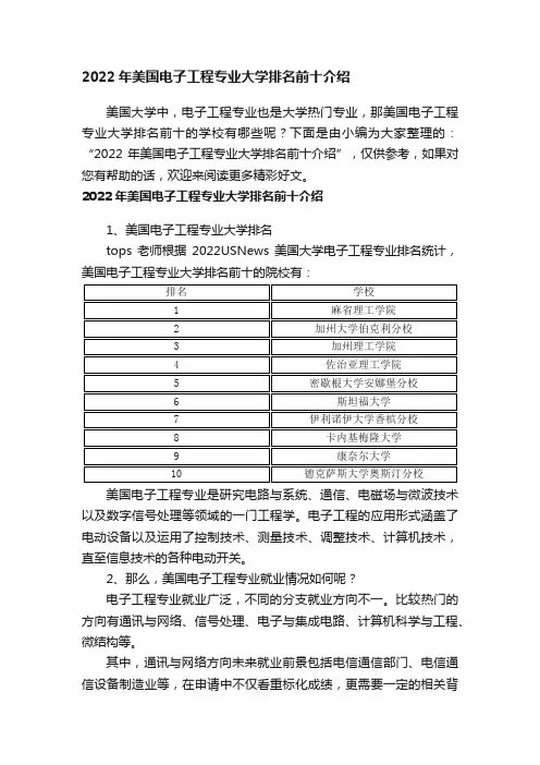 2022年美国电子工程专业大学排名前十介绍