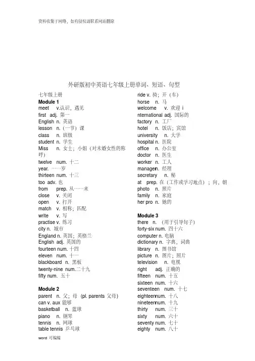 外研版七年级(上)册英语单词、短语句型归纳教学提纲