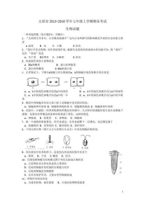 山西省太原市2015-2016学年七年级上学期期末考试生物试卷