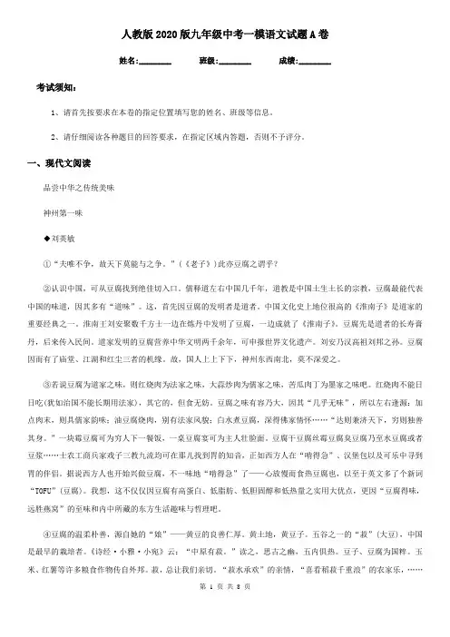 人教版2020版九年级中考一模语文试题A卷(模拟)
