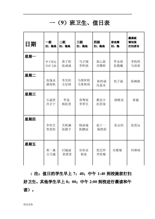 小学生日常卫生最新版值日表