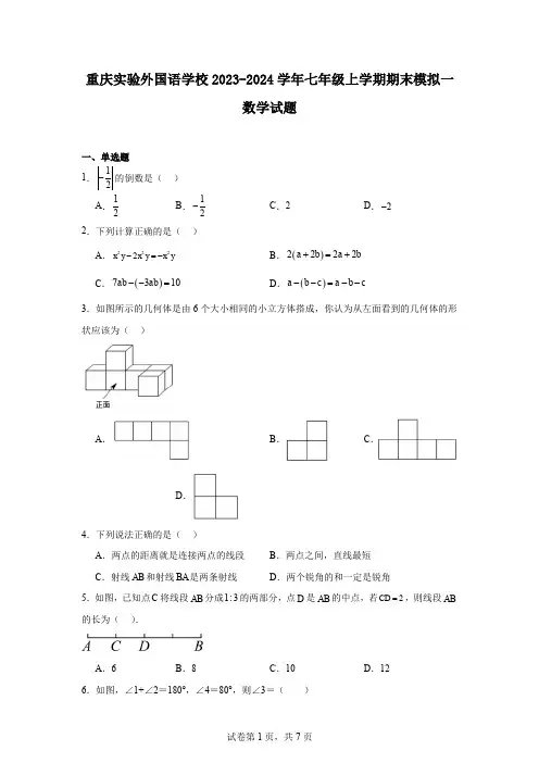 重庆实验外国语学校2023-2024学年七年级上学期期末模拟一数学试题