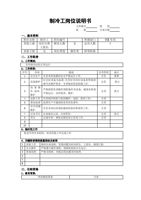 制冷工岗位说明书