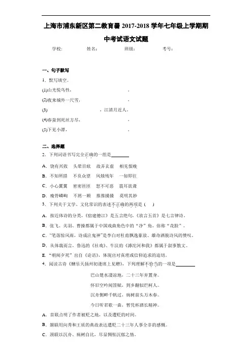 上海市浦东新区第二教育署2020~2021学年七年级上学期期中考试语文试题