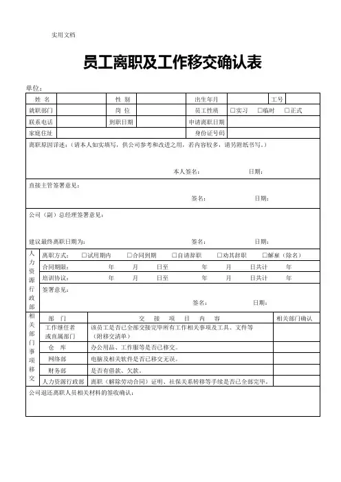 员工离职申请及工作移交确认表