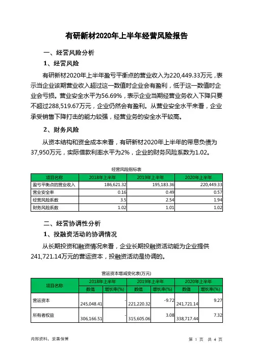 有研新材2020年上半年经营风险报告