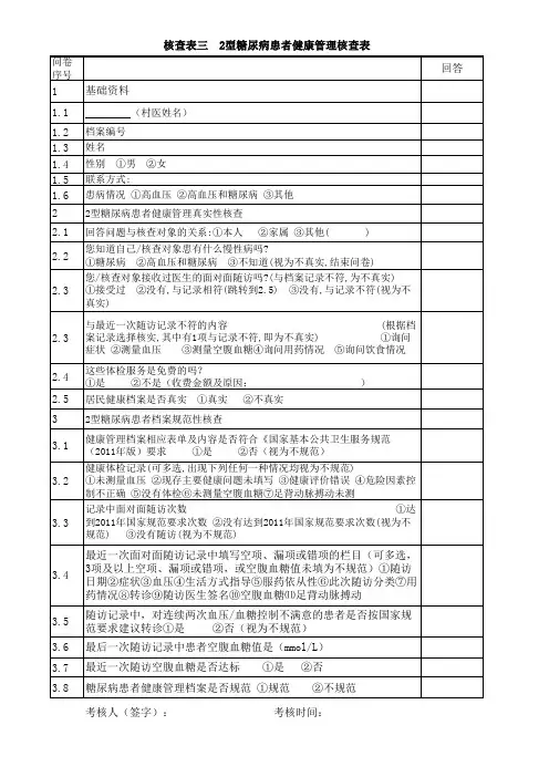 核查表三  Ⅱ型糖尿病患者健康管理核查表