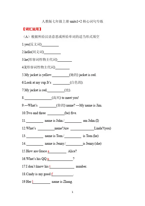 初中英语 人教版七年级上册 Unit1-2 核心词句专练