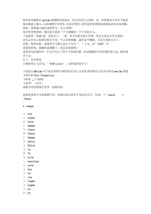 Matlab中上下标及希腊字母