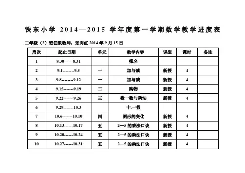 新北师大版二年级数学上册教学进度表及单元教学计划