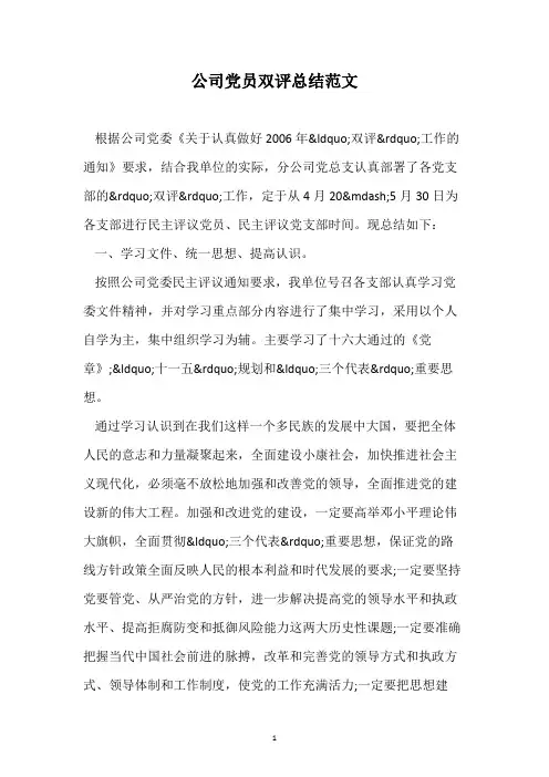 公司党员双评总结范文