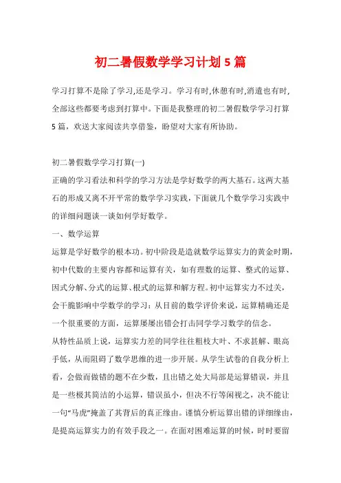 初二暑假数学学习计划5篇