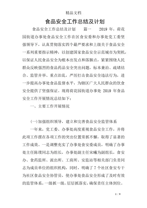 食品安全工作总结及计划
