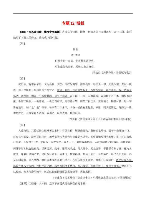 中考语文之文言文对比阅读(全国通用)专题12 活板(原卷版)