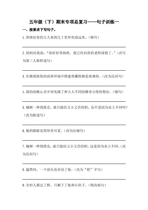 五年级语文下册期末类型题复习 句子训练一