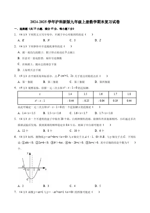 2024-2025学年沪科新版九年级上册数学期末复习试卷(含详解)